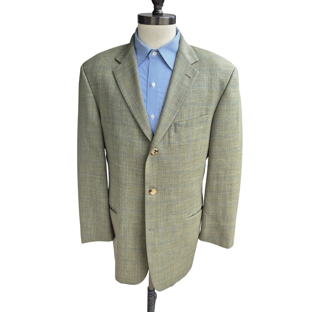 Hugo Boss Einstein US Green Herringbone Wool Linen Blazer Sport Coat 42L Mens